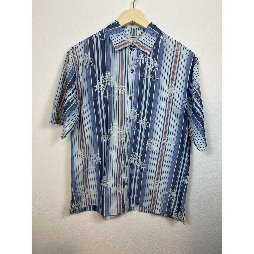 Tommy Bahama Men's Large Silk Stripe Embroidered Palm Tree Short Sleeve Button U